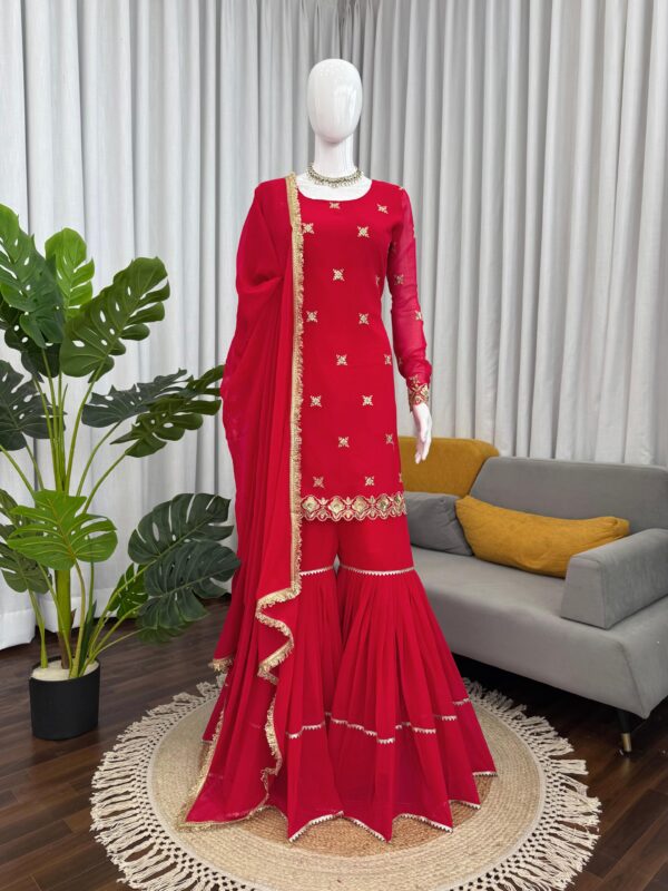 Red Color Faux Georgette Fabric Thread With Sequence Work Sharara Set