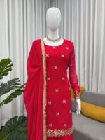 Red Color Faux Georgette Fabric Thread With Sequence Work Sharara Set