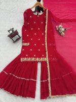 Red Color Faux Georgette Fabric Thread With Sequence Work Sharara Set