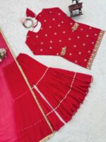Red Color Faux Georgette Fabric Thread With Sequence Work Sharara Set