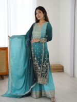 Aqua Color Chinon Silk Fabric Sequence Work Palazzo Suit