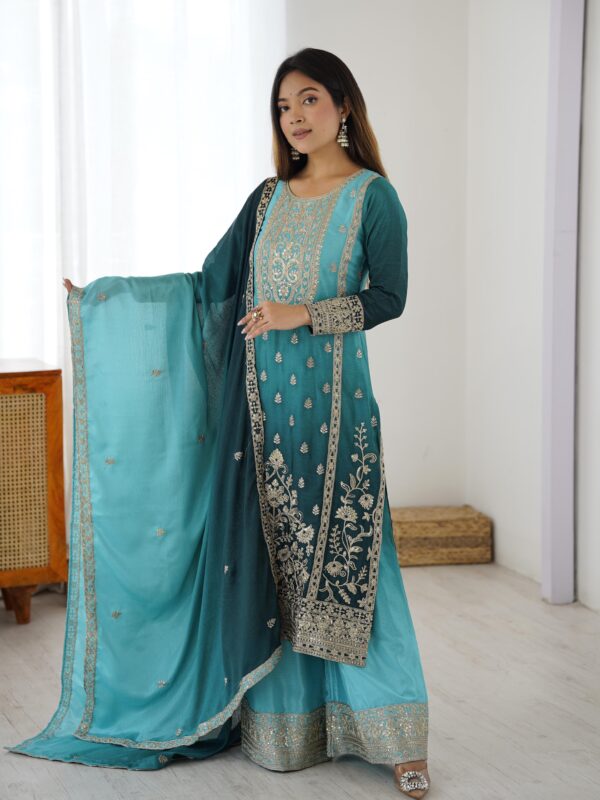Aqua Color Chinon Silk Fabric Sequence Work Palazzo Suit
