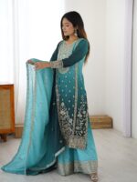 Aqua Color Chinon Silk Fabric Sequence Work Palazzo Suit