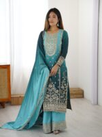 Aqua Color Chinon Silk Fabric Sequence Work Palazzo Suit