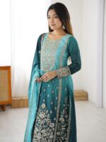 Aqua Color Chinon Silk Fabric Sequence Work Palazzo Suit