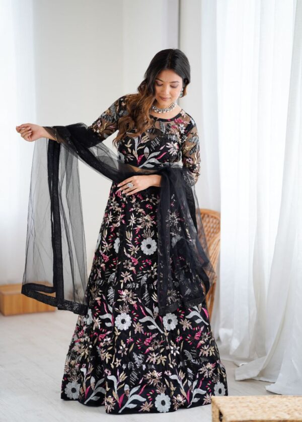 Black Color Butterfly Net Fabric Sequence Work Lehenga