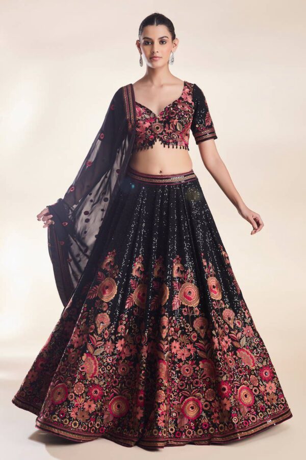 Black Color Faux Georgette Fabric Sequence Work Lehenga