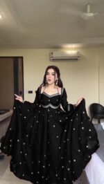 Black Color Faux Georgette Fabric Thread With Sequence Work Anarkali Suit