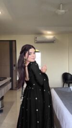 Black Color Faux Georgette Fabric Thread With Sequence Work Anarkali Suit