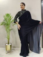 Black Color Velvet Fabric Sequence Work Ready To Wear Saree