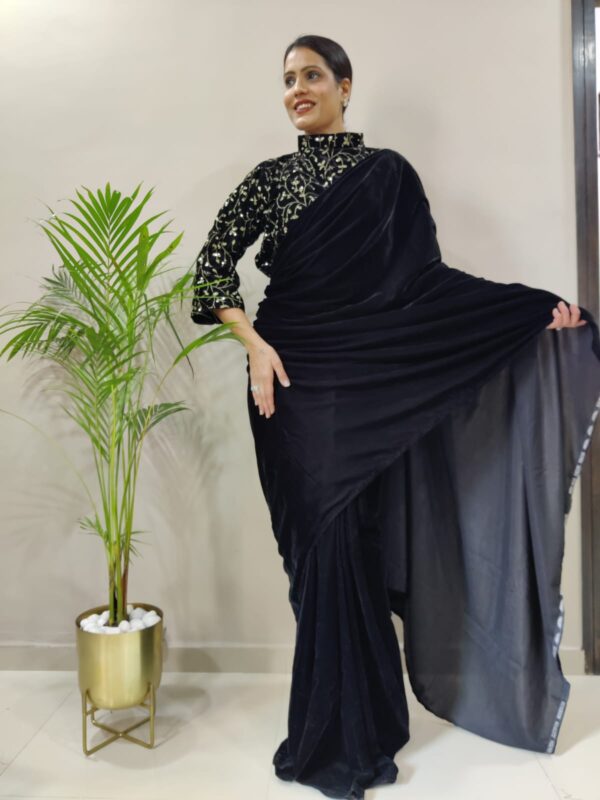 Black Color Velvet Fabric Sequence Work Ready To Wear Saree