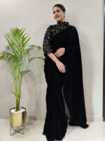 Black Color Velvet Fabric Sequence Work Ready To Wear Saree