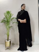 Black Color Velvet Fabric Sequence Work Ready To Wear Saree
