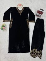 Black Color Viscose Velvet Fabric Sequence Work Suit