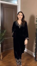 Black Color Viscose Velvet Fabric Sequence Work Suit