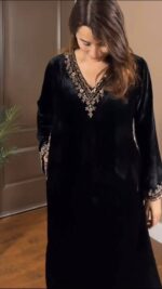 Black Color Viscose Velvet Fabric Sequence Work Suit