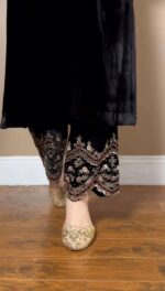 Black Color Viscose Velvet Fabric Sequence Work Suit