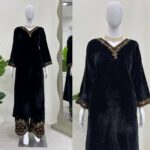 Black Color Viscose Velvet Fabric Sequence Work Suit