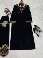 Black Color Viscose Velvet Fabric Sequence Work Suit