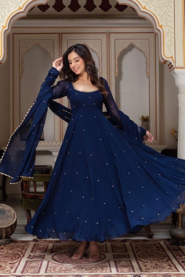 Blue Color Faux Georgette Fabric Stone Work Gown