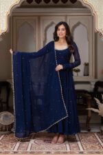 Blue Color Faux Georgette Fabric Stone Work Gown