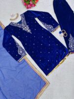 Blue Color Viscose Velvet Fabric Sequence Work Suit