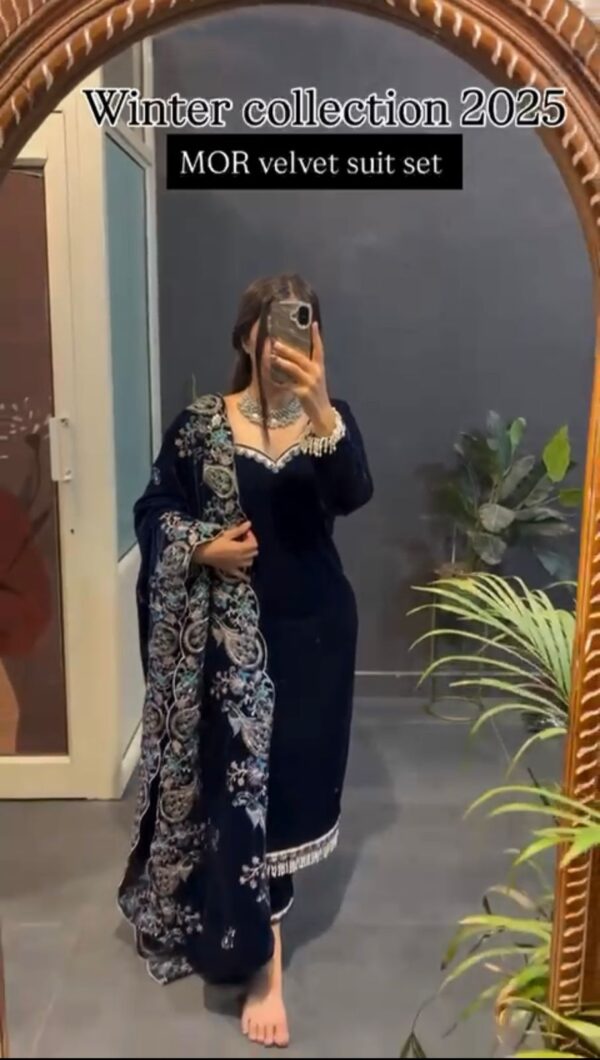 Blue Color Viscose Velvet Fabric Sequence Work Suit