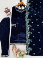 Blue Color Viscose Velvet Fabric Sequence Work Suit