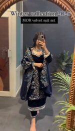 Blue Color Viscose Velvet Fabric Sequence Work Suit