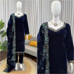 Blue Color Viscose Velvet Fabric Sequence Work Suit