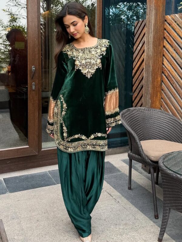 Bollywood Actress Sonal Chauhan Green Color Viscose Velvet Fabric Sequence Work Suit