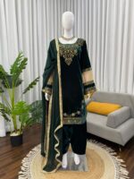 Bollywood Actress Sonal Chauhan Green Color Viscose Velvet Fabric Sequence Work Suit