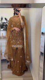 Brown Color Faux Georgette Fabric Pearl Work Sharara Set