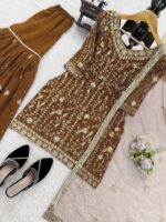 Brown Color Faux Georgette Fabric Pearl Work Sharara Set