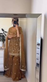 Brown Color Faux Georgette Fabric Pearl Work Sharara Set