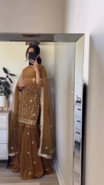 Brown Color Faux Georgette Fabric Pearl Work Sharara Set