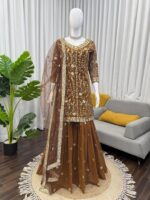 Brown Color Faux Georgette Fabric Pearl Work Sharara Set
