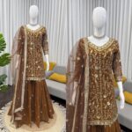 Brown Color Faux Georgette Fabric Pearl Work Sharara Set