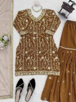Brown Color Faux Georgette Fabric Pearl Work Sharara Set