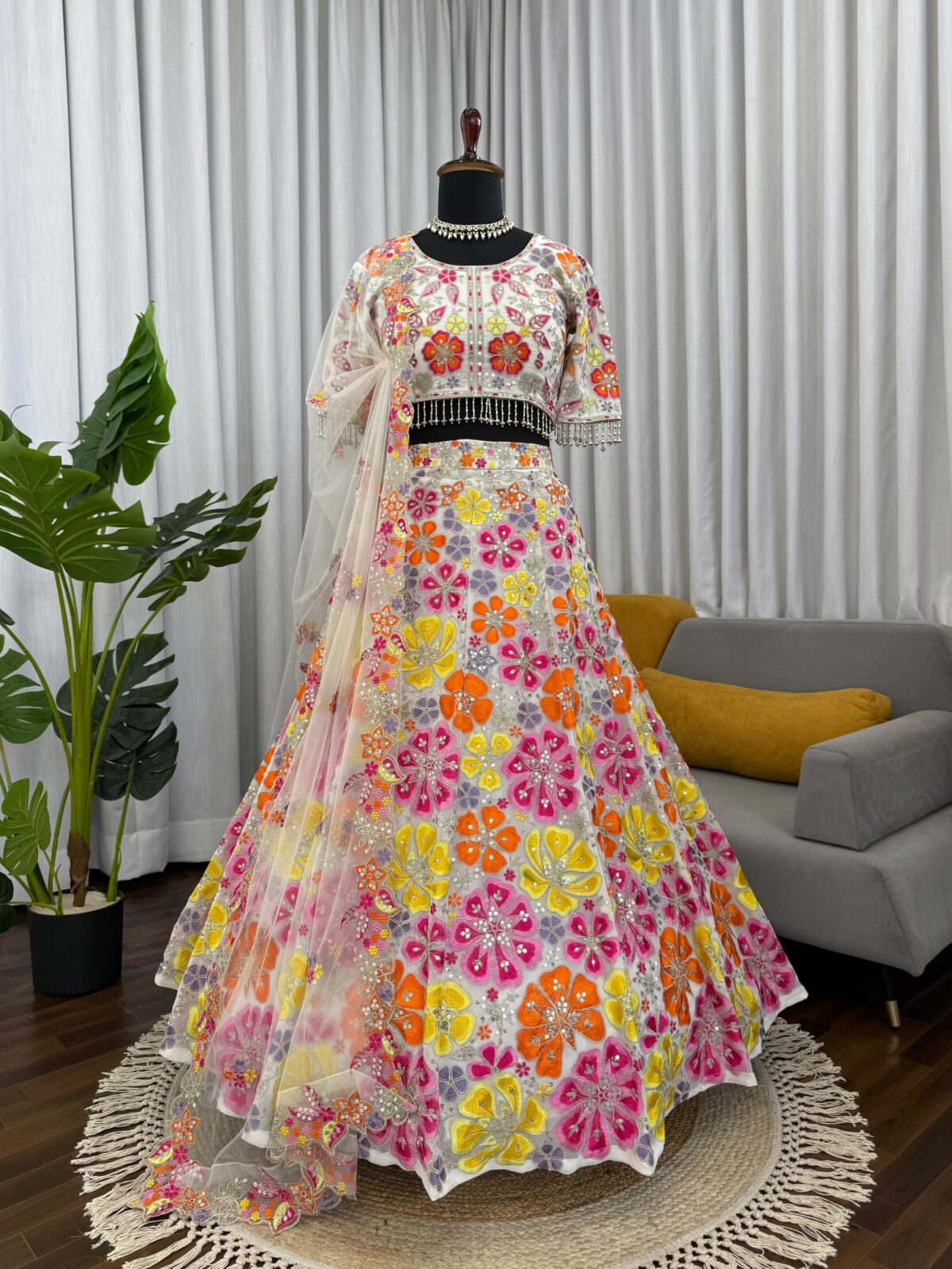 Floral Design Multi Color Faux Georgette Fabric Sequence Work Lehenga