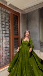 Green Color Fendi Silk Fabric Sequence Work Anarkali Suit