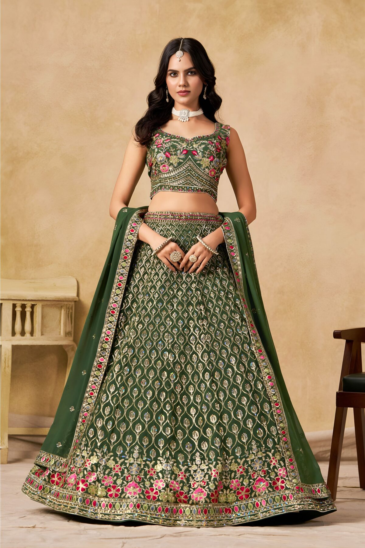 Green Color Georgette Fabric Sequence Embroidery Work Lehenga