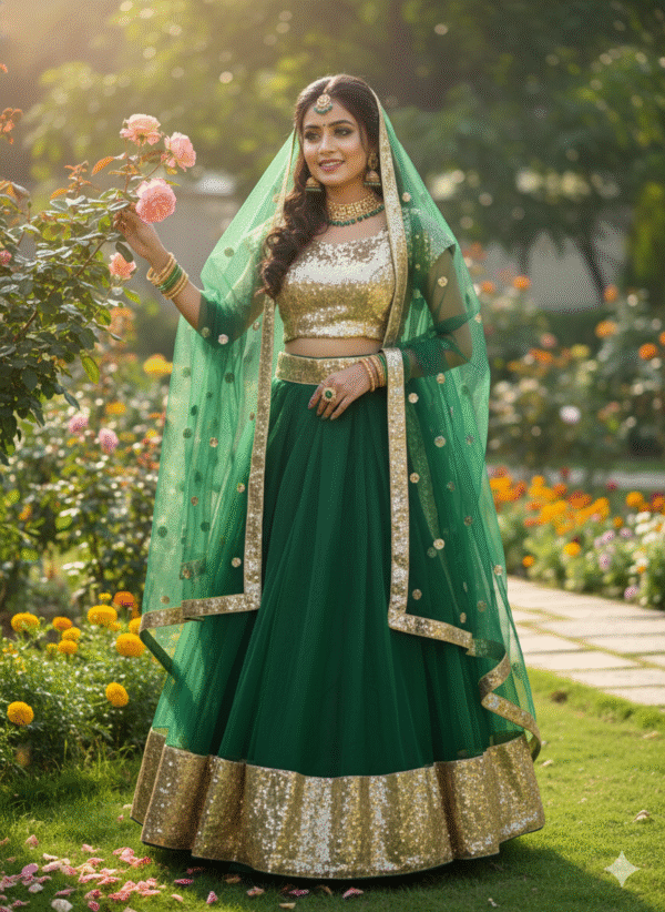 Green Color Heavy Butterfly Net Fabric Sequence Work Lehenga