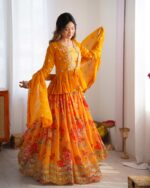 Haldi Special Yellow Color Faux Georgette Fabric Digital Print Koti Style Lehenga