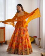 Haldi Special Yellow Color Faux Georgette Fabric Digital Print Koti Style Lehenga