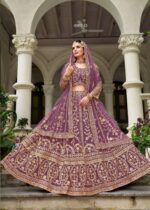 Lavender Color Butterfly Net Fabric Embroidery Work Bridal Lehenga