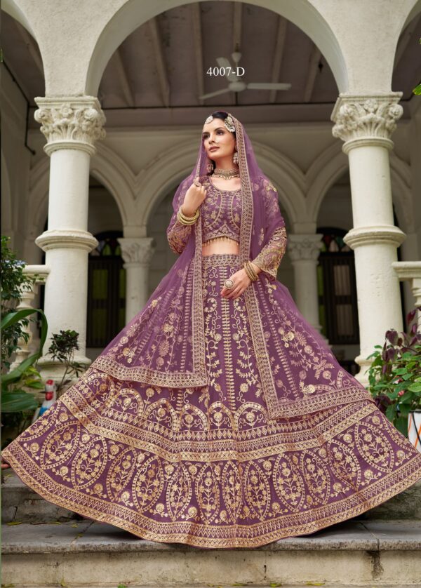 Lavender Color Butterfly Net Fabric Embroidery Work Bridal Lehenga