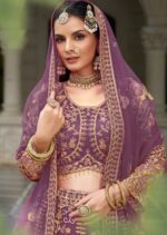 Lavender Color Butterfly Net Fabric Embroidery Work Bridal Lehenga
