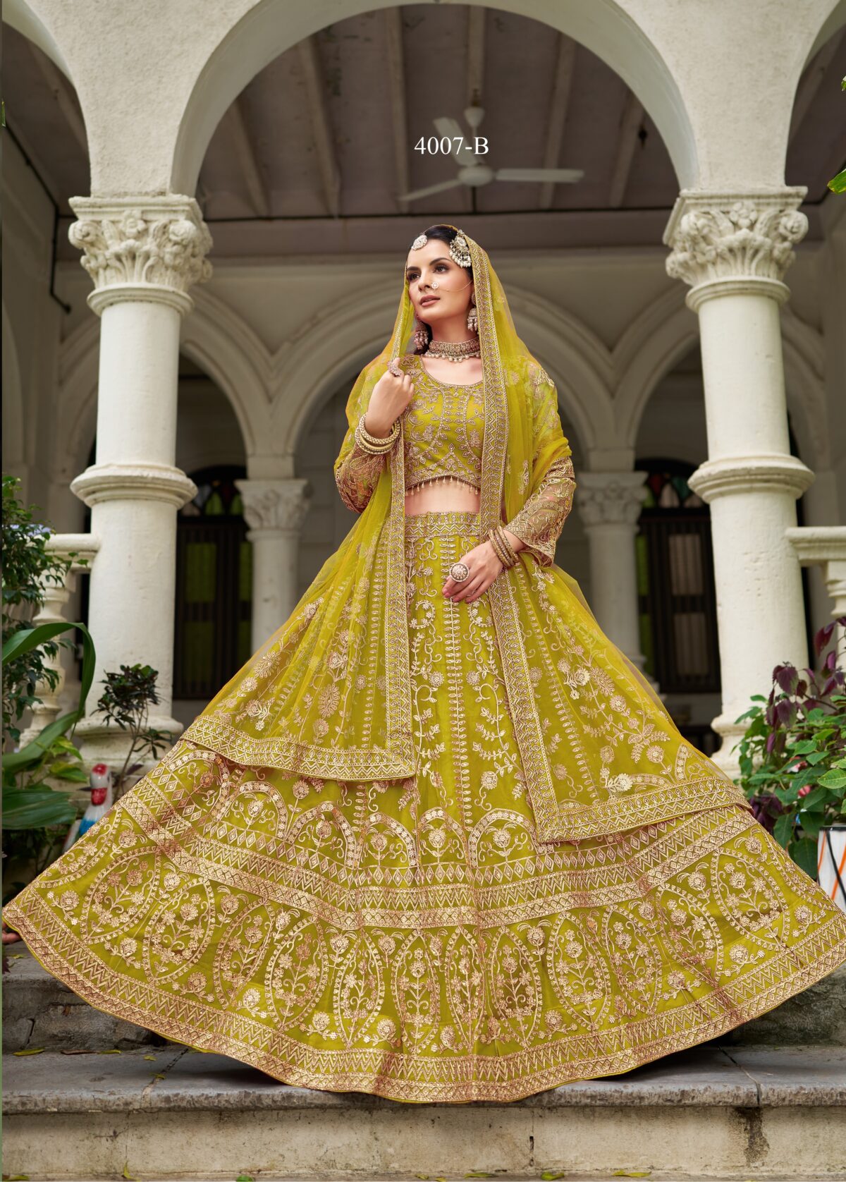 Lemon Yellow Color Butterfly Net Fabric Embroidery Work Bridal Lehenga