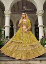 Lemon Yellow Color Butterfly Net Fabric Embroidery Work Bridal Lehenga